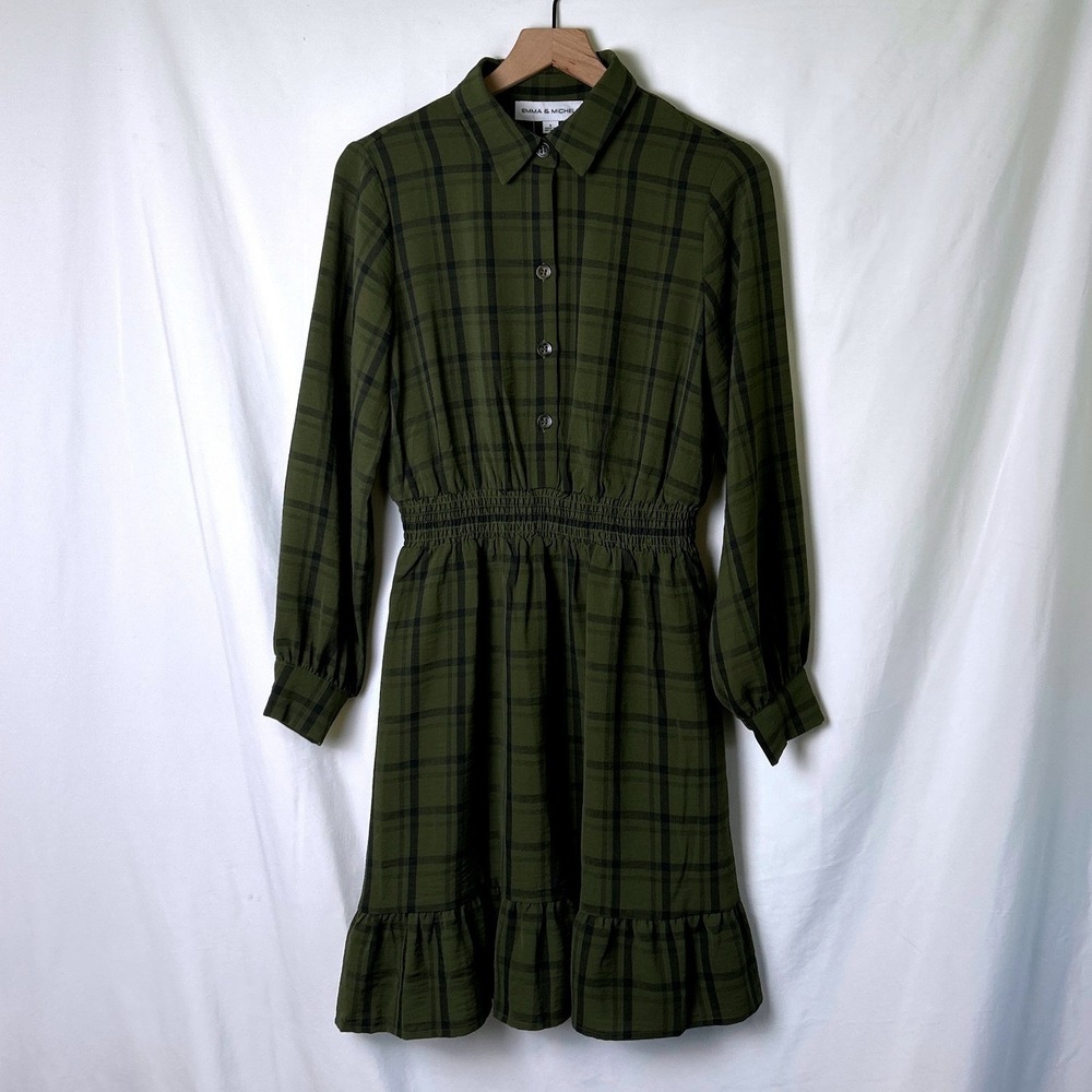 Emma & Michele Womens Plaid Smocked Waist Ruffle Hem Shirt Dress Size S Olive